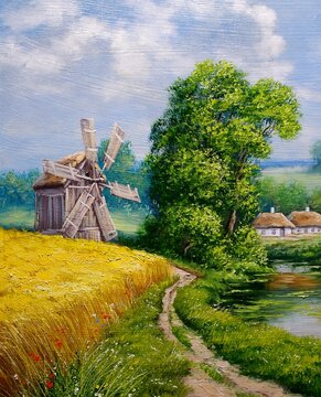 Oil paintings rural landscape with windmill and river, ukrainian windmill in the village, artwork, fine art
