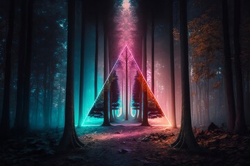 Triangle glowing in forest emanating light on the trees around