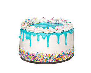 Birthday Cake with a blue ganache drip and colorful sprinkles isolated on a white background