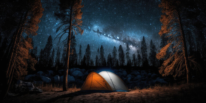 Camping tent at night, aurora stary sky, travel hiking adventure illustration, generative ai