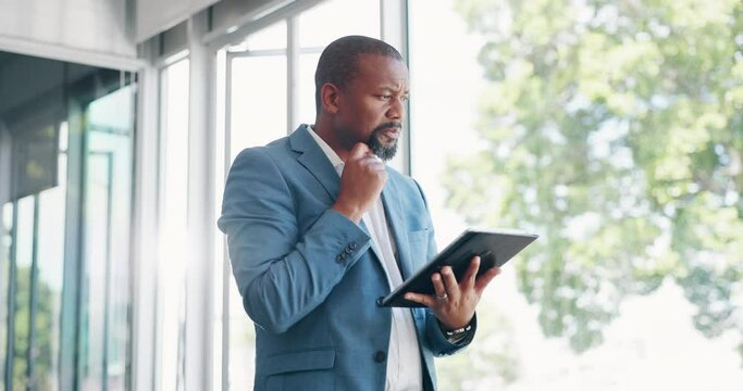 Business man, tablet and thinking in office lobby while browsing internet, social media or researching. Technology, idea and black man with digital touchscreen for web scrolling, networking or email.