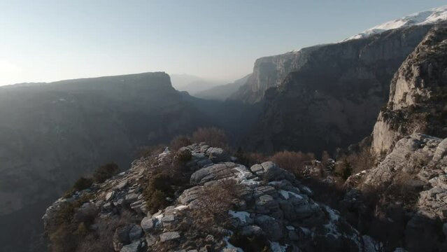 Aerial shot over Beloi viewpiont and into the Vikos Gorge, Epirus, Greece.
