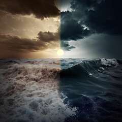 Night and day, storm at sea and calm, sun and moon in one frame, fantastic unusual landscape, opposite and unity, yin and yang, ai generative