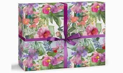  a gift box with a purple ribbon and flowers on it.  generative ai