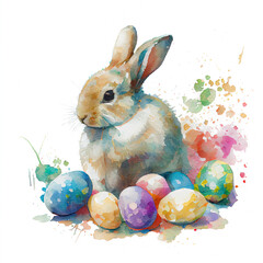Easter bunny with eggs watercolor art