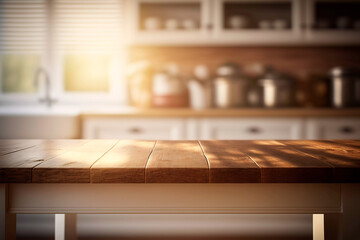 Brown wooden texture table over light blurred image of kitchen bench. kitchen blurred background. Generative A