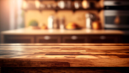 Brown wooden texture table over light blurred image of kitchen bench. kitchen blurred background. Generative A