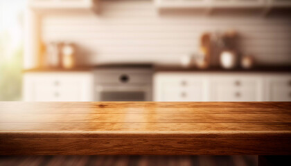 Obraz na płótnie Canvas Brown wooden texture table over light blurred image of kitchen bench. kitchen blurred background. Generative A