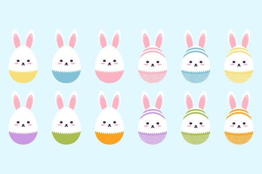 Set of 12 cute bunny eggs. Colorful, cheerful bunnies. Easter eggs. Vector Illustration.