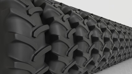 3d rendering of tractor tires in a row.