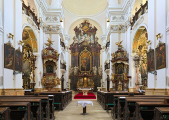 Hradec Kralove, Czech Republic. Interior of Church of the Assumption of the Blessed Virgin Mary. The church was built in 1654-1666 by design of the Jesuit monk and architect Carlo Lurago.