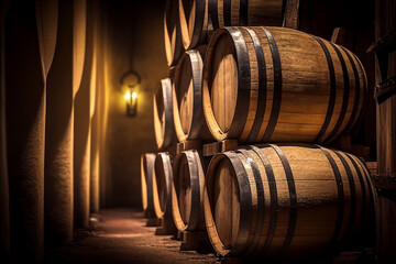 Wine barrels in a old wine cellar. Grape barrels in wine storage. Wooden oak barrels with whiskey in storage. Vintage Wine in an old barrel. Storage of whiskey . Barrel storage of rum, Ai Generative - obrazy, fototapety, plakaty