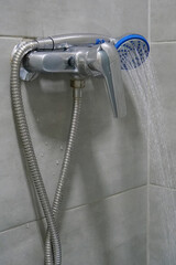 Shower. Morning shower. Take a shower. Clean water flows from shower