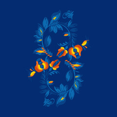 Naklejka premium Traditional Ukrainian painting of Petrykivka. Elements of blue and yellow floral ornament. Decorative composition for the background. Repeating pattern.