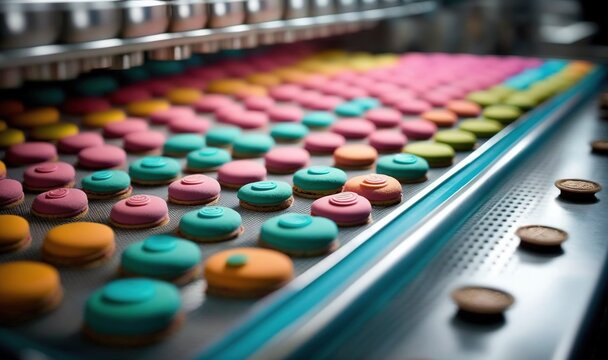  a close up of a conveyor belt with many different colored pastries.  generative ai