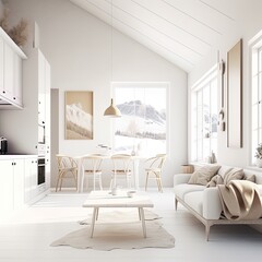 Fototapeta na wymiar Mid-century interior with white decor, light and airy, living room AI generative