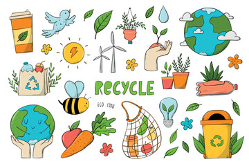 Set of Ecological Sustainability doodles, environment cartoon elements isolated on white background. Ecology doodles. EPS 10 © Натали Осипова