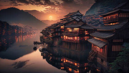 Sunset on a traditional Chinese village by a river - generative ai