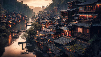 Sunset on a traditional Chinese village by a river - generative ai