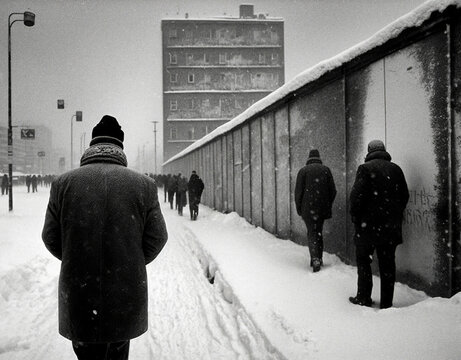 DDR lifestyle, men beside the Berlin wall - generative ai