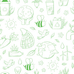 Environment doodles, ecological sustainability, zero waste seamless pattern with green doodles on white background for wallpaper, scrapbooking, wrapping paper, packaging, etc. EPS 10