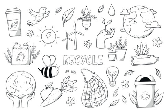 Set of environment doodles, ecological sustainability cartoon elements, kids coloring page. Zero waste illustration for stickers, prints, cards, clip art. EPS 10