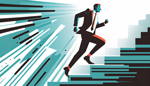 Illustration Of A Business Person Running Up The Stairs, Generative AI