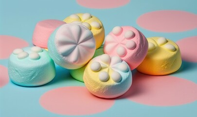  a pile of colorfully decorated marshmallows on a blue and pink background.  generative ai