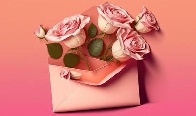  a bunch of pink roses in an envelope on a pink background.  generative ai