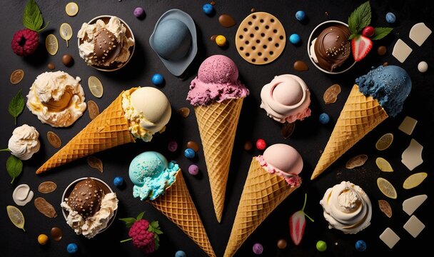  a group of ice cream cones sitting on top of a table.  generative ai