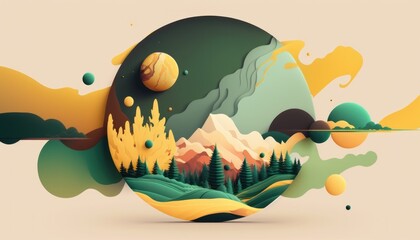 Landscape vector illustration, abstract and minimalist banner composition, green and yellow color, spring vibe, AI