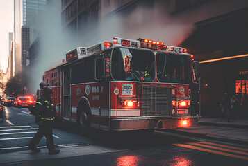 Fototapeta na wymiar Fire Truck in New york. Firefighters Rescue after Fire Alarm went off at building. Firemen at apartment fire. Accodent on Street in NYC, firefighters and extinguish fire, Ai Generative illustration.