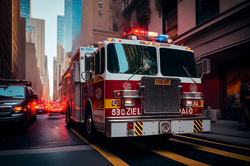 Fire Truck in New york. Firefighters Rescue after Fire Alarm went off at building. Firemen at apartment fire. Accodent on Street in NYC, firefighters and extinguish fire, Ai Generative illustration.