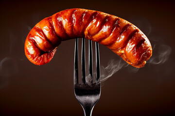 Sausage with smoke on fork. Grilled Sausage on fork. Juicy german sausage on grilled. Barbecue bbq pork. - obrazy, fototapety, plakaty
