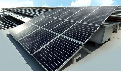  a solar panel on the roof of a building with blue sky in the background.  generative ai