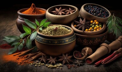  a variety of spices and herbs in bowls on a table.  generative ai