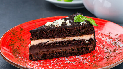 A piece of chocolate cake with cream and mint.