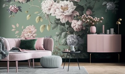  a living room with a floral wallpaper and a pink couch.  generative ai