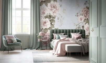  a bedroom with a floral wallpaper and a green chair.  generative ai