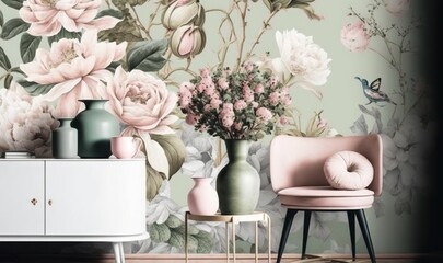  a room with flowers and a chair in front of it.  generative ai