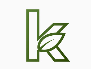 small line letter k with leaf. eco alphabet logotype. eco friendly, ecology and environment symbol