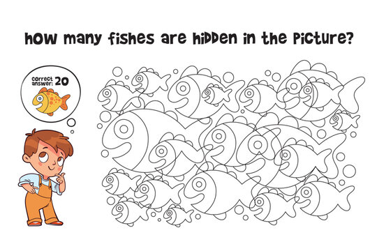 Count how many fishes are hidden in the picture. How many items are in picture. Educational game for children. Colorful cartoon characters. Funny vector illustration. Isolated on white background