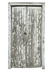 Wooden white double door. Old wooden dilapidated door with weathered white paint isolated on white