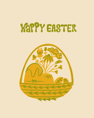 Groovy easter postcard. Easter Elements and Happy easter lettering. Groovy, hippie, retro aesthetic. Perfect for wall art, packaging, merch.