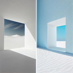 the inside and outside of an empty room with white walls, blue sky and clouds in the windows are open