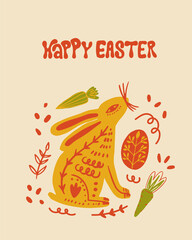 Groovy easter postcard. Easter Elements and Happy easter lettering. Groovy, hippie, retro aesthetic. Perfect for wall art, packaging, merch.