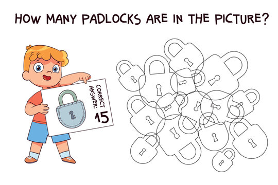 Count how many padlocks are hidden in the picture. How many items are in picture. Educational game for children. Colorful cartoon characters. Funny vector illustration. Isolated on white background