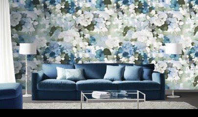  a living room with a blue couch and a floral wallpaper.  generative ai