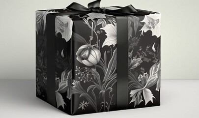  a black and white gift box with a black bow on top of it.  generative ai