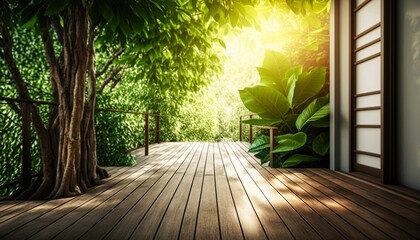 An empty wooden terrace featuring with a tropical tree garden in the background. digital ai art
